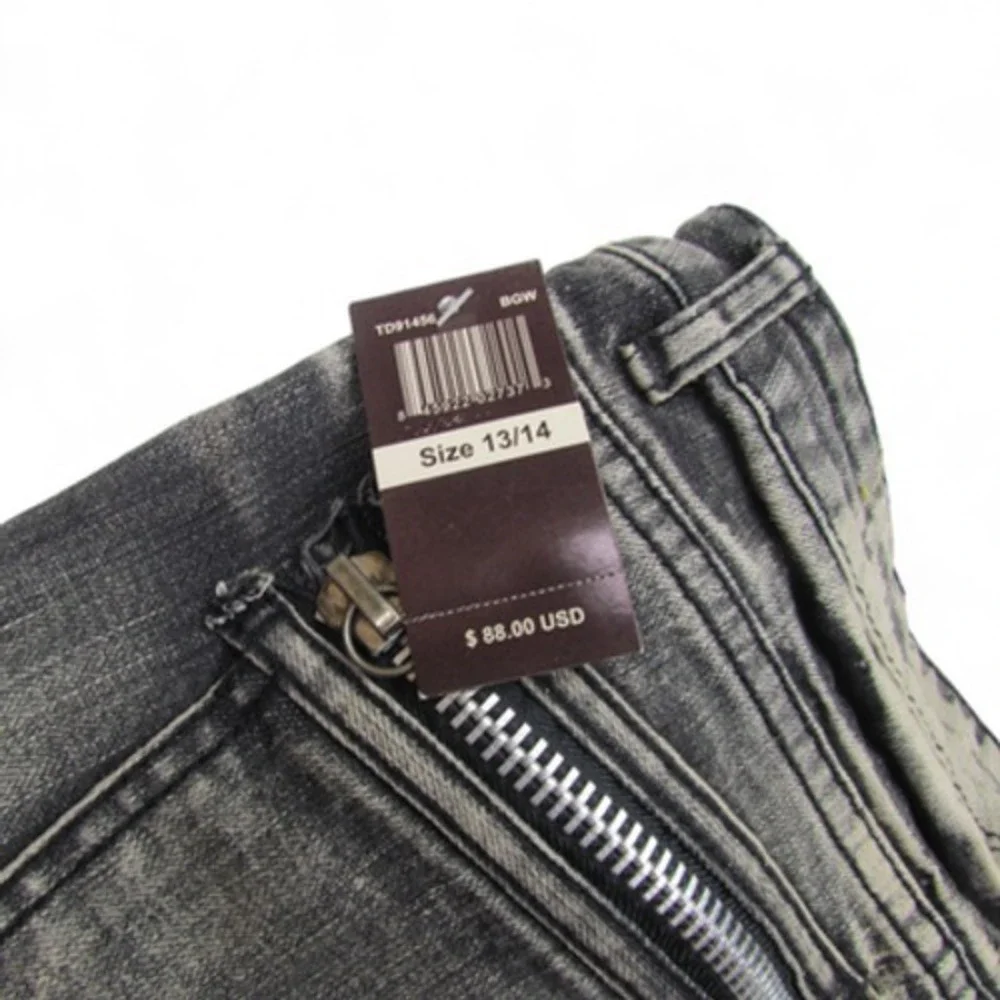 Ten25 Jeans Mens 13/14 Black Gray‎ Distressed Stretch Denim Biker Moto Pants Zip